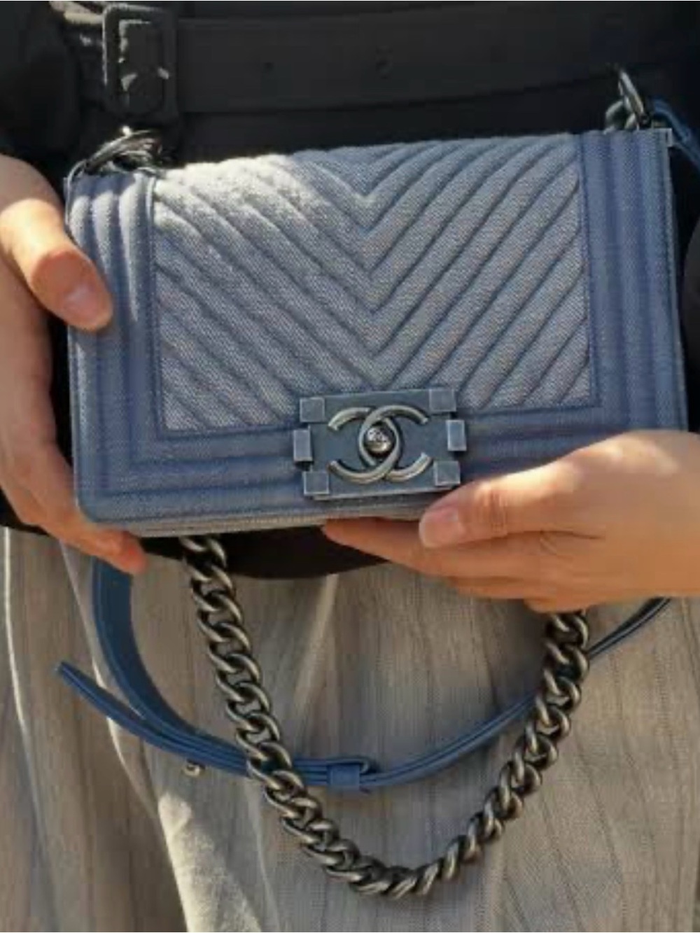 CHANEL Blue Chevron Boy Shoulder Bag with Gunmetal Chain size small